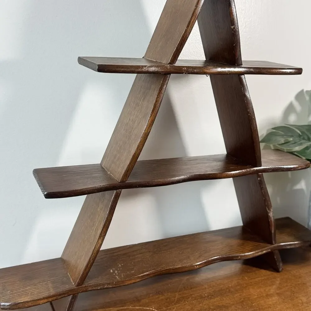 Vintage A-Frame Wooden Tiered Display Shelf Stand Dark Wood Taiwan Decor